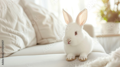 Cute little bunny on the sofa posing to the camera on blurred modern home background  copy space on empty sofa  slow life with pet lifestyle  modern Easter backgrounds.