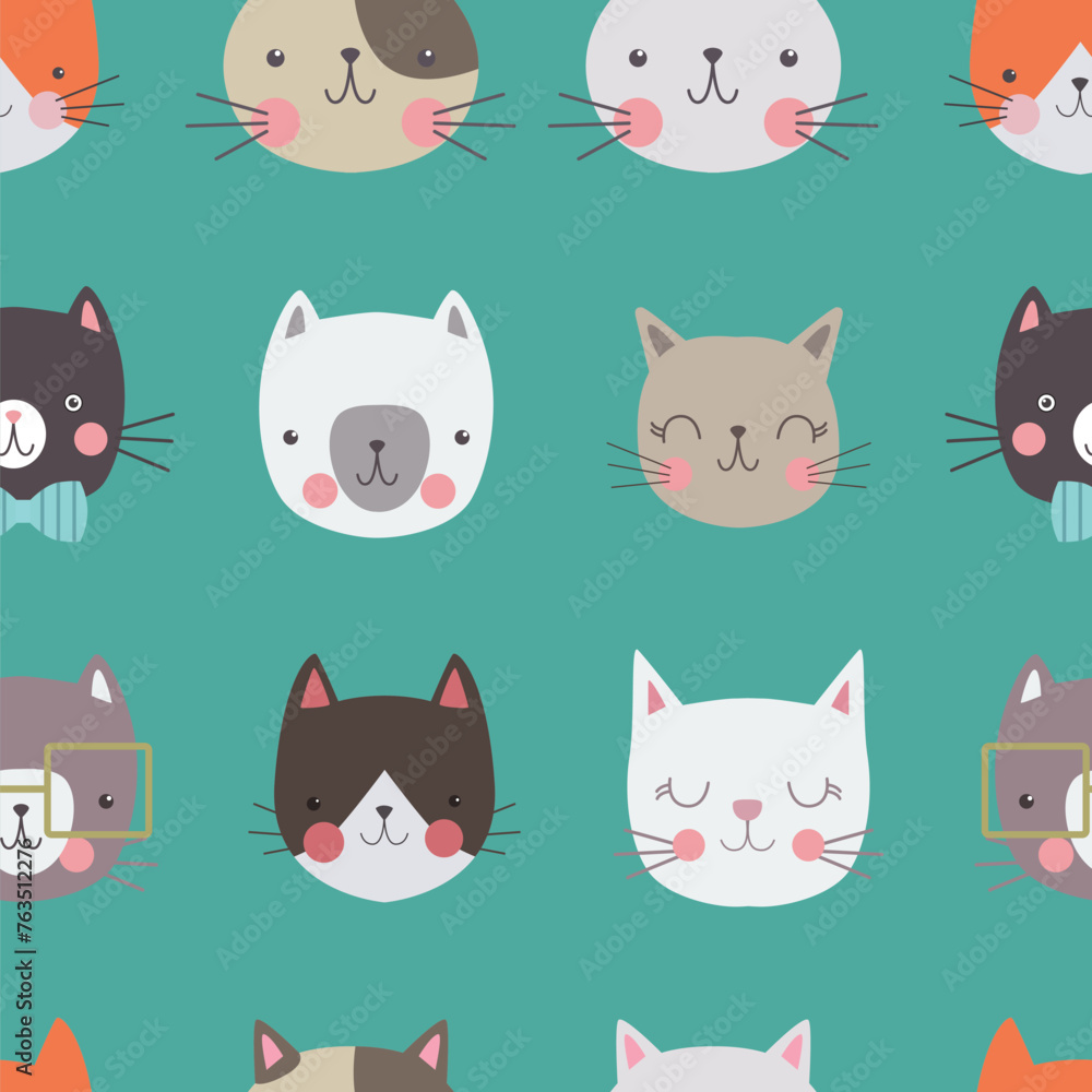 Seamless cartoon pattern with cat's heads on blue background.