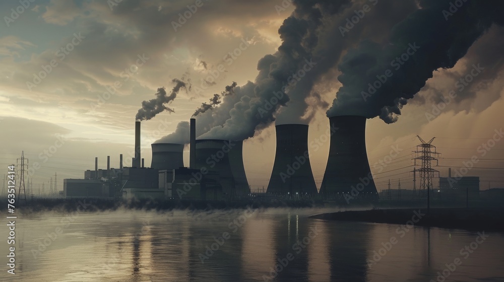 Cinematic image of a nuclear power station. 