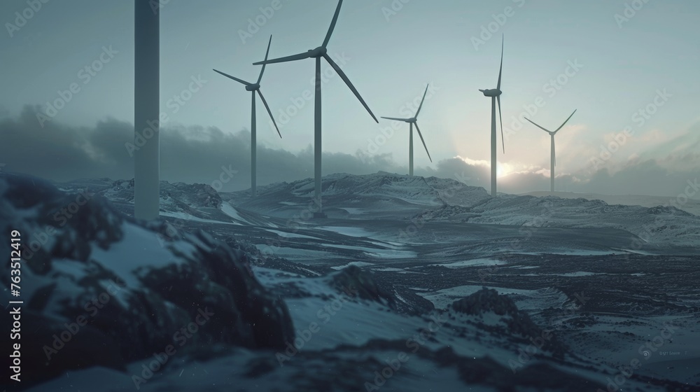 Cinematic image of wind turbines generating power.  - obrazy, fototapety, plakaty 