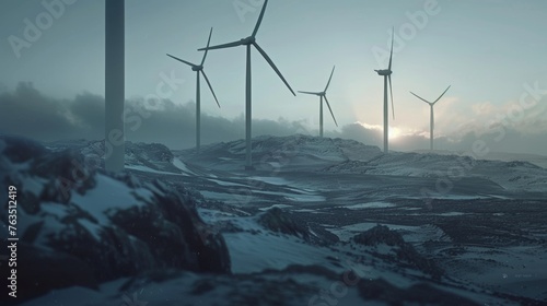 Cinematic image of wind turbines generating power. 