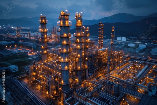 An industrial complex of an oil refinery, with its structures glowing amidst the twilight sky, showcasing intricate details of metal pipes and towers