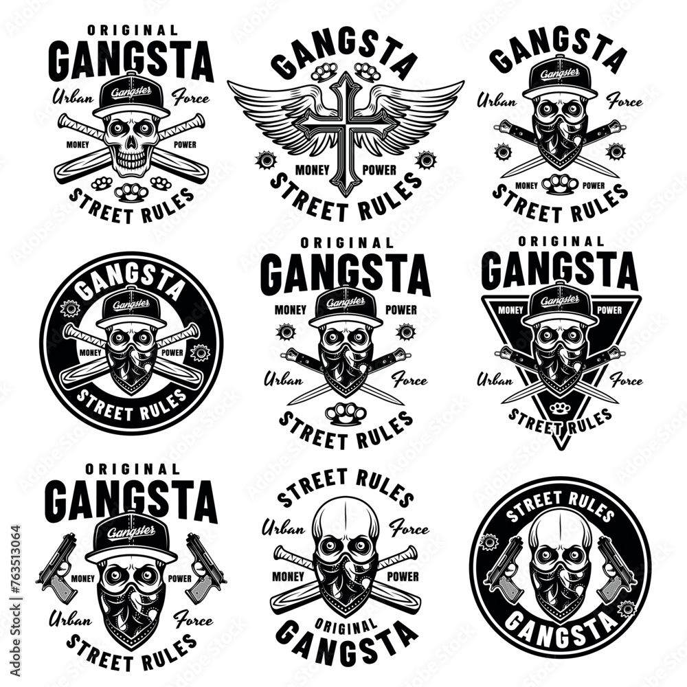 Obraz premium Gangsta set of vector criminal emblems, labels, badges or prints in monochrome style. Illustration on white background