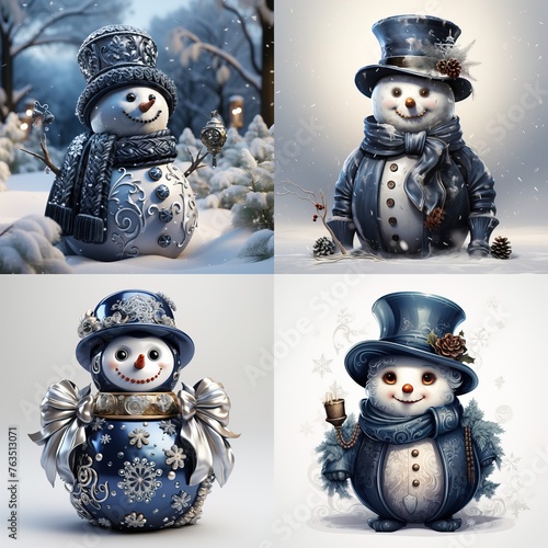 Chic 3D illustration of a shiny navy blue snowman. Features an antique navy & silver palette on a white background, portraying stunning realism.