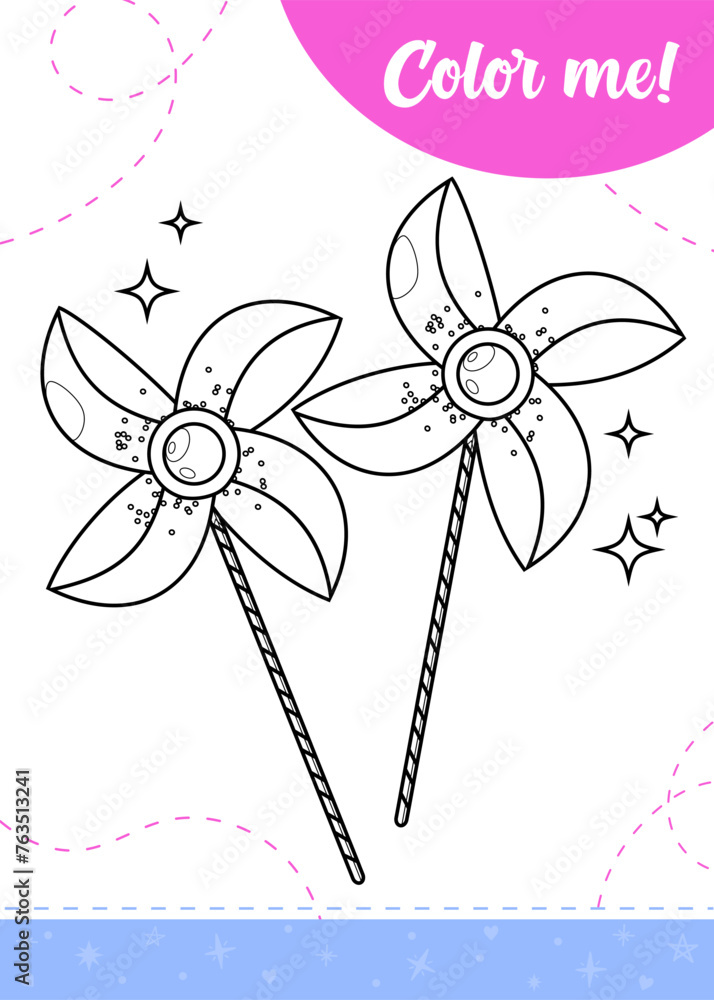 Coloring page for kids with colorful windmill toys.
A printable worksheet, vector illustration.