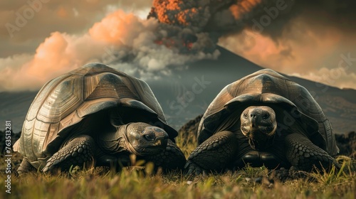 Two large tortoises resting on a grassy field photo