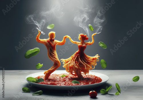 A white plate with tomato sauce on a table, fresh mint leaves scattered over the sauce and a man and woman dancing in the center of the plate