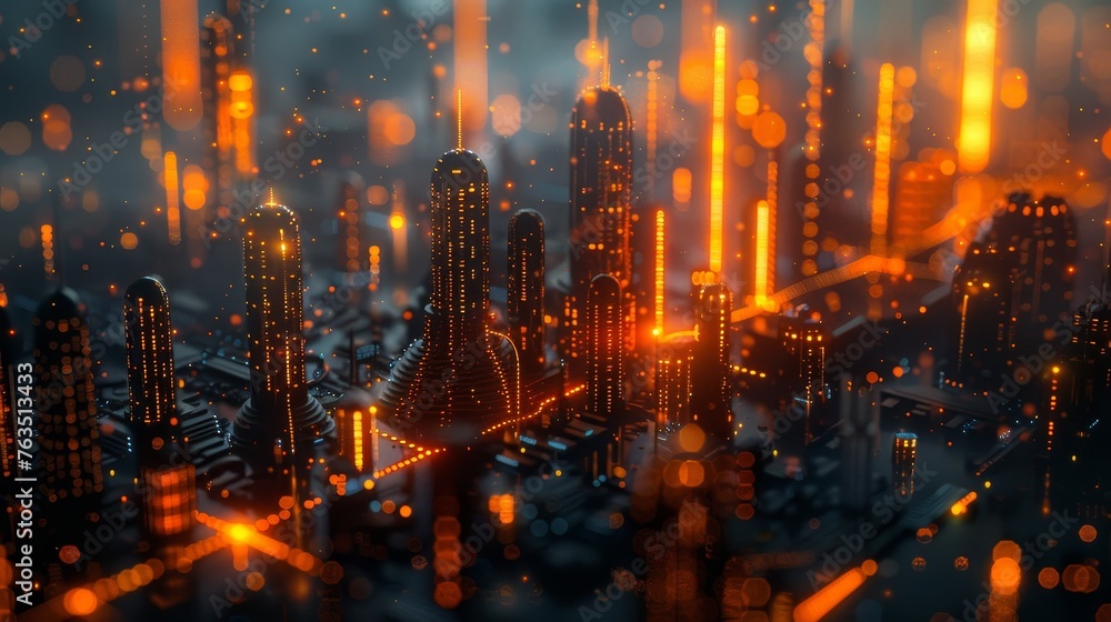Innovative cityscape with glowing data points and bar graphs represents tech