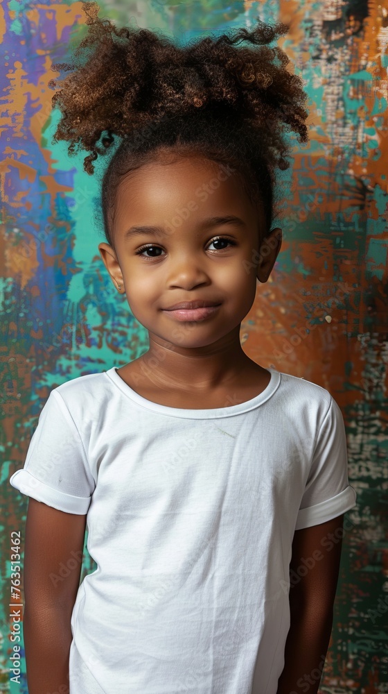 African American girl 4-6 years old in a white T-shirt without a pattern against the background of a colored wall African American girl 4-6 years old in a white T-shirt without a pattern against the background of a colored wall