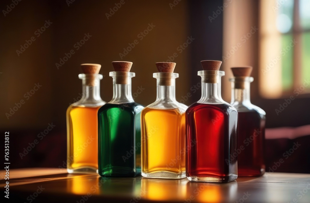Radiant glass bottles filled with colorful liquids, basking in the golden sunlight Radiant glass bottles filled with colorful liquids, basking in the golden sunlight