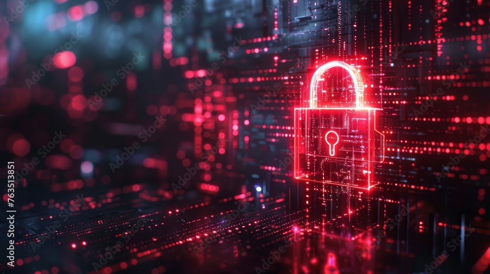 Red glowing padlock icon on abstract dark binary code background Red glowing padlock icon on abstract dark binary code background