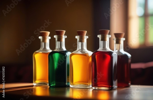 Radiant glass bottles filled with colorful liquids, basking in the golden sunlight