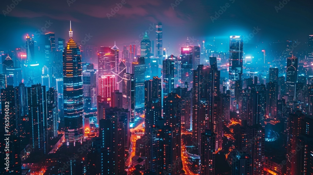 Technology: A futuristic city skyline illuminated by neon lights