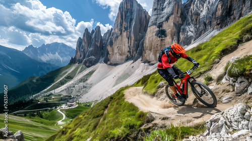 A man is riding a sportive e-bike down a dirt road. He is in a racing position, speeding down a steep mountainous terrain.