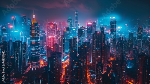 Technology  A futuristic city skyline illuminated by neon lights