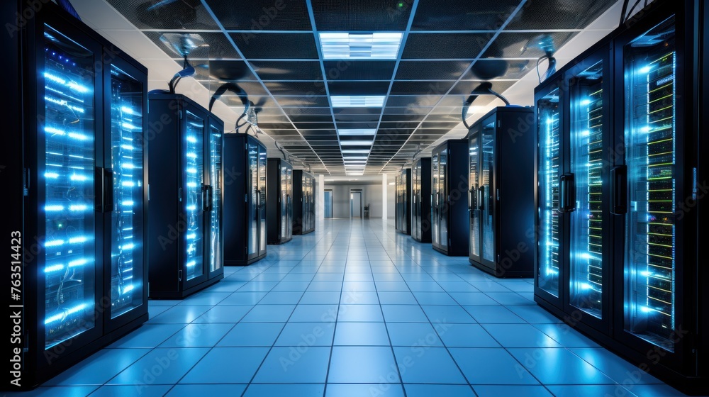 Depict a state of the art data center with rows of server racks, cooling systems, and redundant power supplies Depict a state of the art data center with rows of server racks, cooling systems, and redundant power supplies