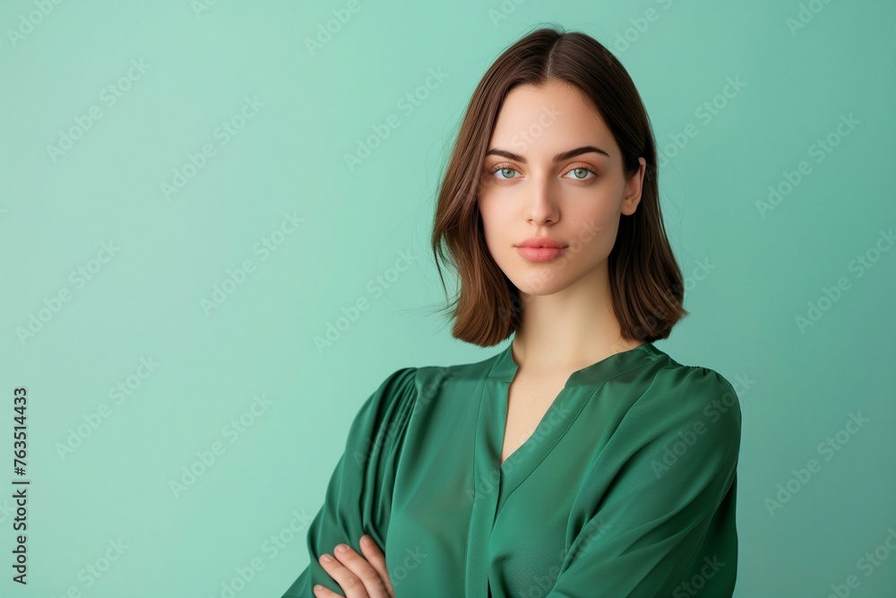 Portrait of a young woman arms crossed standing against green background. Portrait of a young woman arms crossed standing against green background.