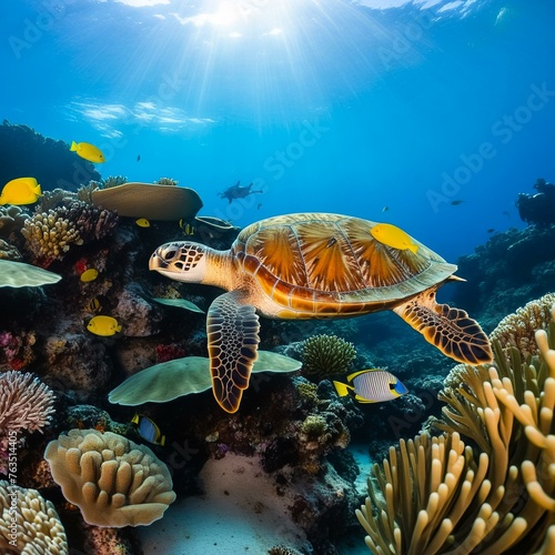 Undersea world. A vibrant coral reef teeming with marine life including fish sea turtles and other marine life. Generative AI