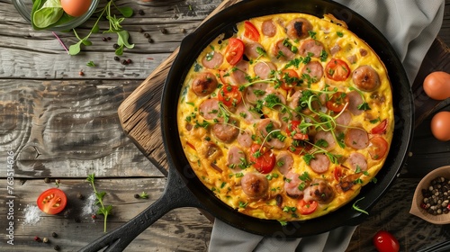 Omelette with sausage on a pan. Breakfast concept 