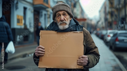 Sad eldary man holding a blank sandwich board on street