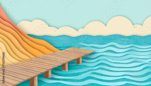A wooden dock over water, in a cut paper collage style. Generative AI
