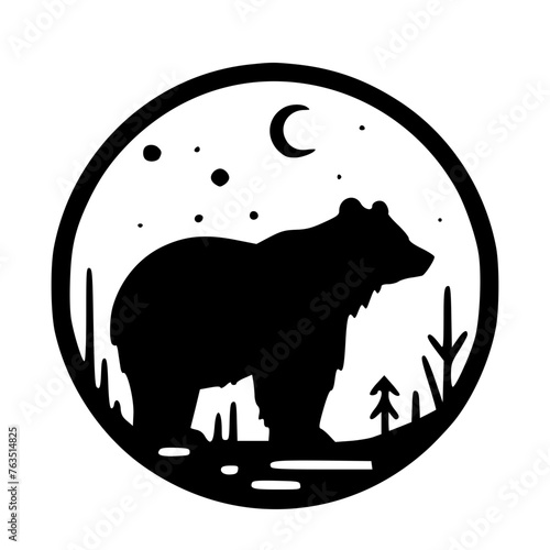 This minimalistic illustration captures a bear's silhouette against the dark, enveloped in a circular form, hinting at the untamed wilderness of the night.