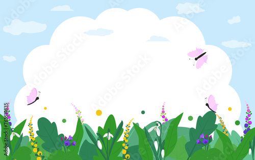 Summer background with colorful green leaves, bees and flowers on white background. Spring vector flat style template for banner, flyer, wallpaper, brochure, greeting card. Cartoon vector illustration