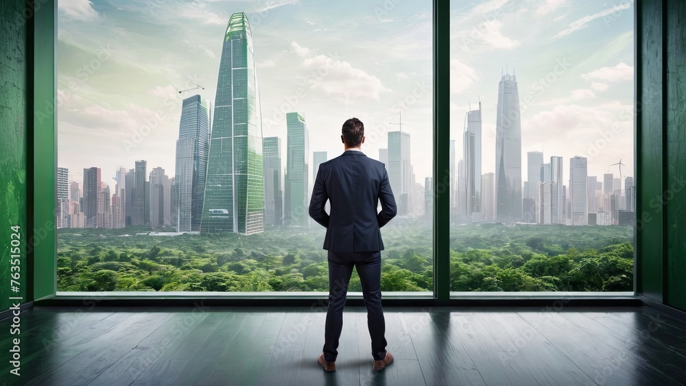 Vision of Progress: Man Overlooking the Cityscape Vision of Progress: Man Overlooking the Cityscape