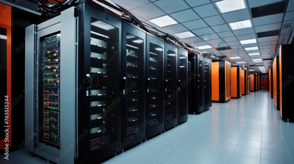 Depict a state of the art data center with rows of server racks, cooling systems, and redundant power supplies Depict a state of the art data center with rows of server racks, cooling systems, and redundant power supplies