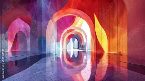 A mesmerizing corridor with a succession of arches illuminated by a vibrant, colorful light installation, reflecting on the floor.