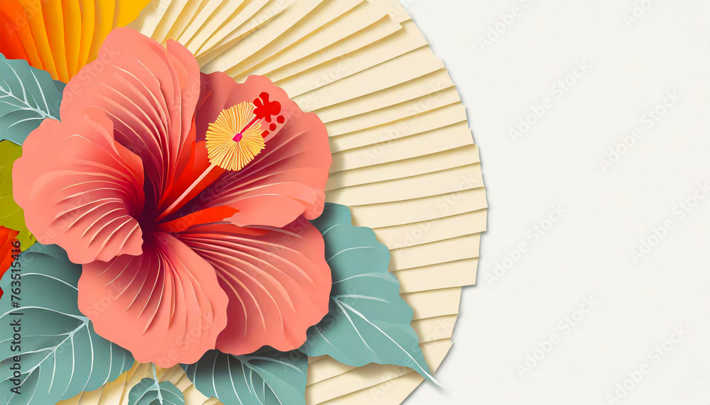 An up close coral colored hibiscus flower, in a cut paper collage style. Generative AI
