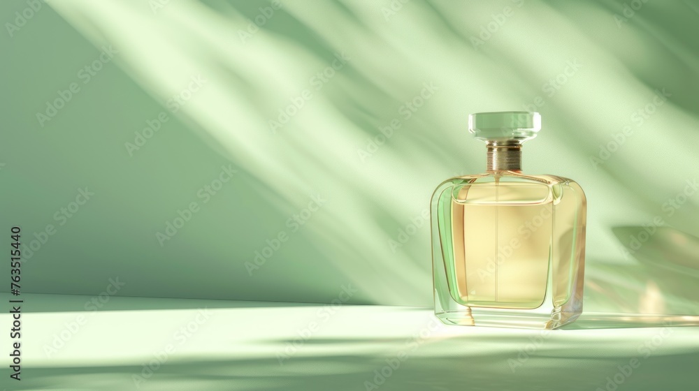 A bottle of perfume is sitting on a green surface. The bottle is tall and slender, with a clear glass top. The bottle is surrounded by a green background, which creates a sense of freshness A bottle of perfume is sitting on a green surface. The bottle is tall and slender, with a clear glass top. The bottle is surrounded by a green background, which creates a sense of freshness