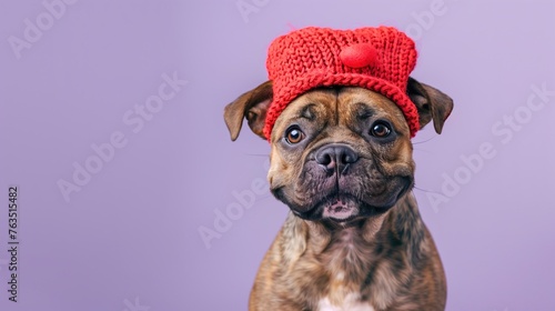 Adorable Brown Mastiff Puppy Wearing Silly Red Hat: Playful Portrait Against Purple Background, Space For Text and Business Info
