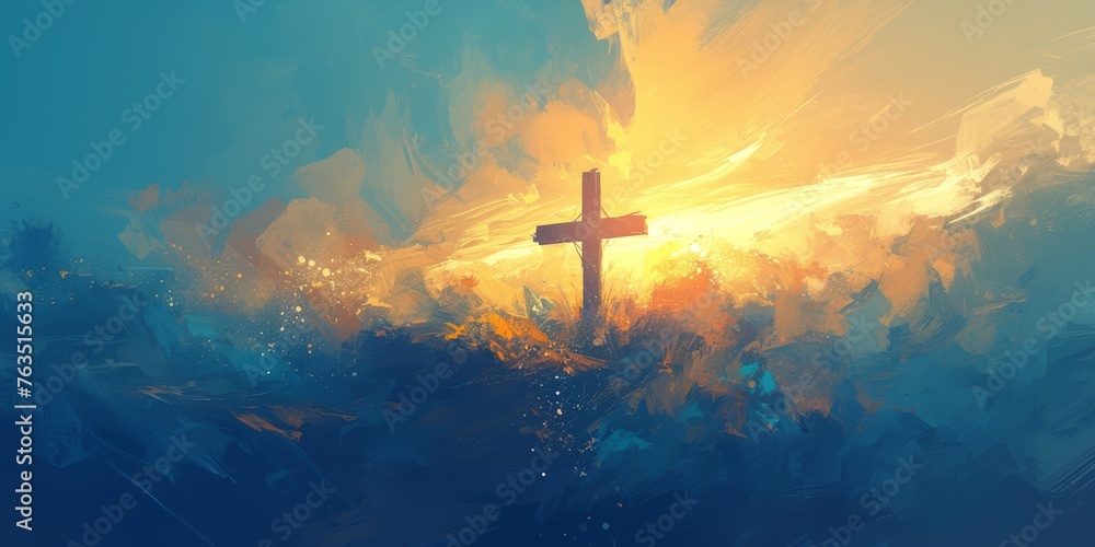 abstract digital art illustration of cross with dramatic light and shadow - obrazy, fototapety, plakaty 