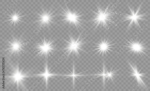 Sparkling stars  twinkling and flashing lights. Collection of various light effects on a black background. Realistic vector graphics