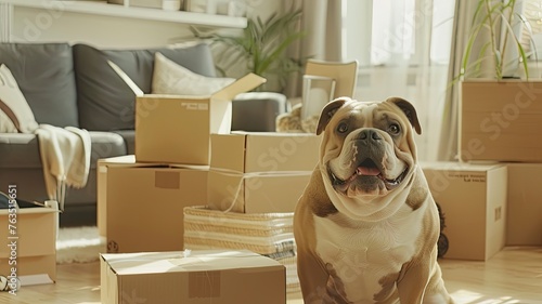 pet moving into their new home, with their loyal bulldog sitting amidst cardboard boxes filled with household items, all bathed in soft, light colors. © lililia