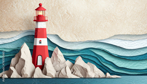 A lighthouse by the water, in a cut paper collage style. Generative AI 
