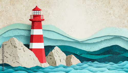 A lighthouse by the water, in a cut paper collage style. Generative AI 