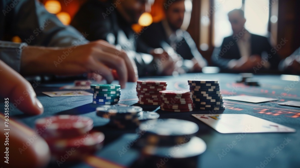 Top view of a poker table during a game. Chips, money and cards on the table. Top view of a poker table during a game. Chips, money and cards on the table.