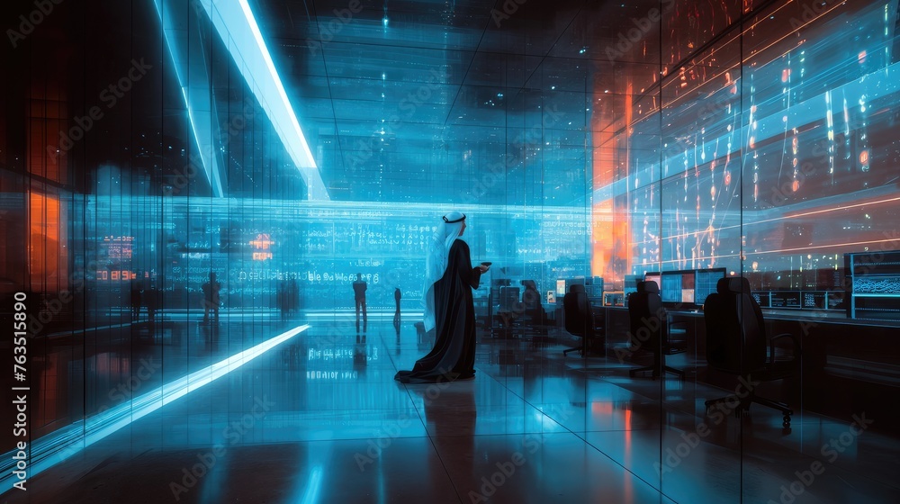 a Saudi IT man working diligently in a cyber room, with him sharply in focus against the backdrop of a blurred IT room, creating a realistic cyber mood.