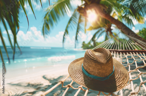 Relaxing Hammock Scene with Straw Hat and Palms