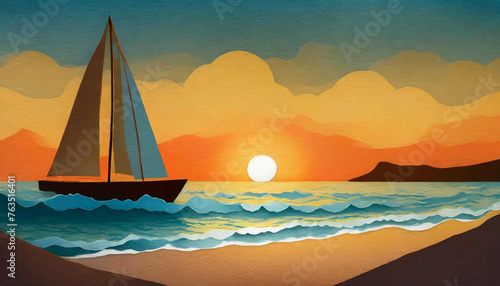 A sailboat on the water at sunset, in a cut paper collage style. Generative AI
