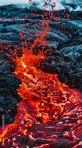 Erupting Lava Flow and Splatter on Volcanic Rocks