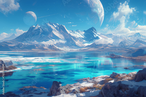 an alien planet with snow and ice, there is an atmosphere of blue sky and white clouds, there's mountains in the background,