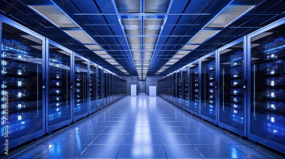 Depict a state of the art data center with rows of server racks, cooling systems, and redundant power supplies Depict a state of the art data center with rows of server racks, cooling systems, and redundant power supplies