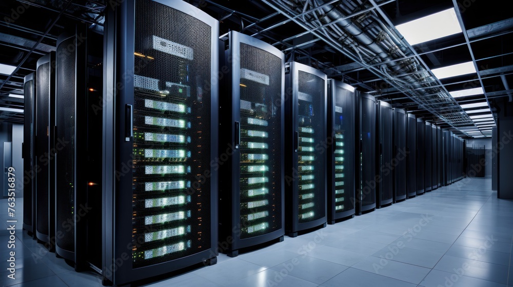 Depict a state of the art data center with rows of server racks, cooling systems, and redundant power supplies Depict a state of the art data center with rows of server racks, cooling systems, and redundant power supplies