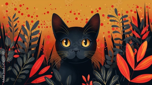 Black cat with bright yellow eyes in clipart style background canvas texture. Concept: superstitions related to luck, themed cards, printed products and web graphics