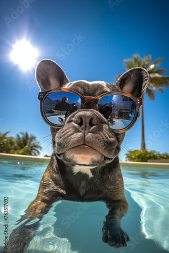 A charismatic French bulldog with reflective sunglasses taking a dip in a pool on a sunny day, with palm trees in the background.  © RaptorWoman