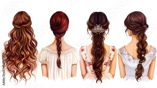 Four women with different hairstyles are shown in a row