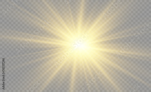 Set of golden glowing lights effects isolated on transparent background. Solar flare with rays and spotlight. Glow effect. Starburst with sparkles.